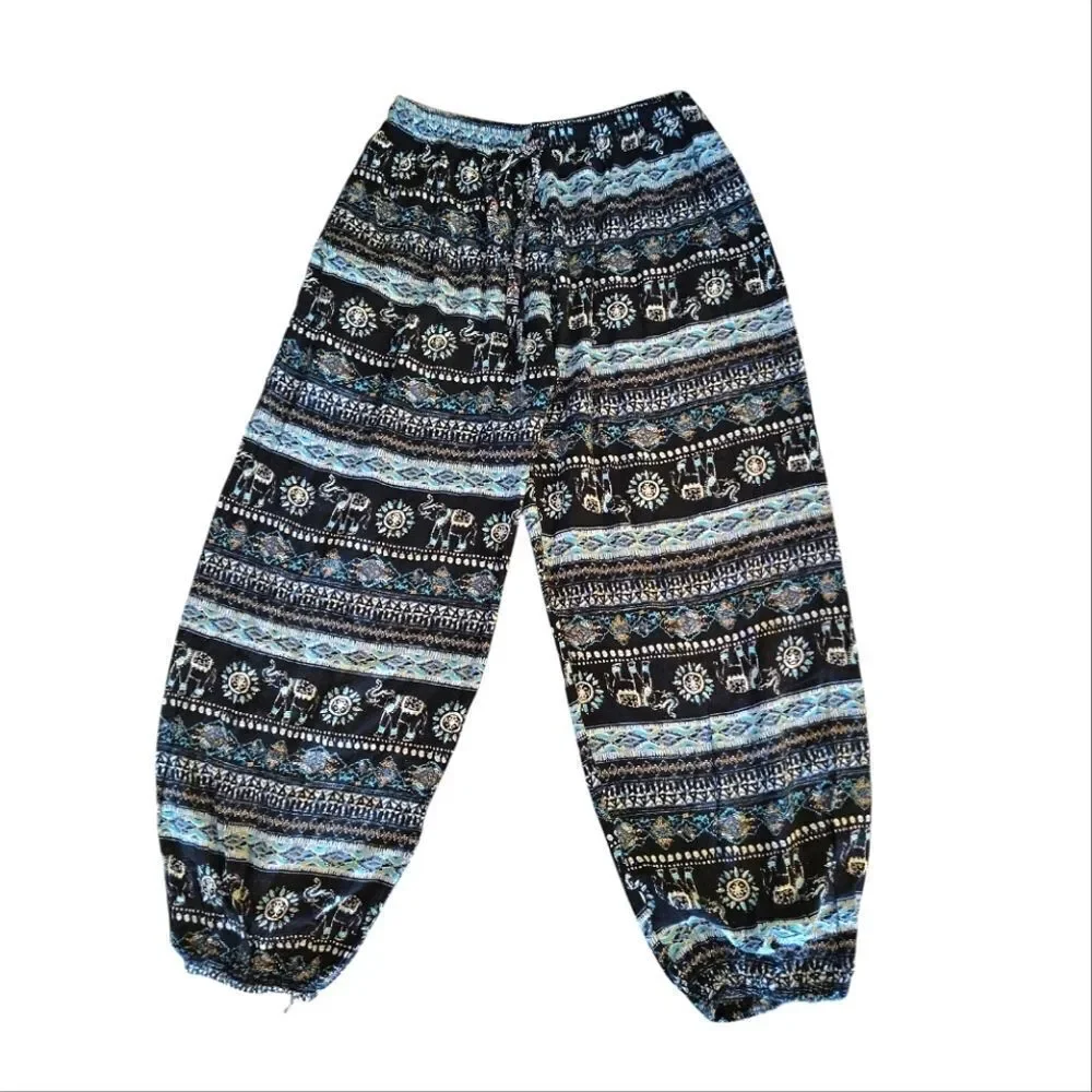 Black Teal White Elephant Floral Block Print Harem Pants XL *Fits like Med